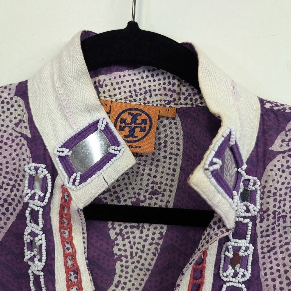 Tory Burch Cotton Purple Paisley Tunic Top Beaded Mirror And Embroidery 0 Loose